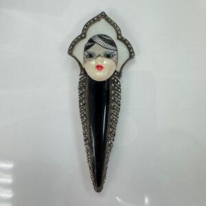 Rare Art Deco Sterling Silver Lady Brooch- Onyx, Marcasite, Mother of Pearl